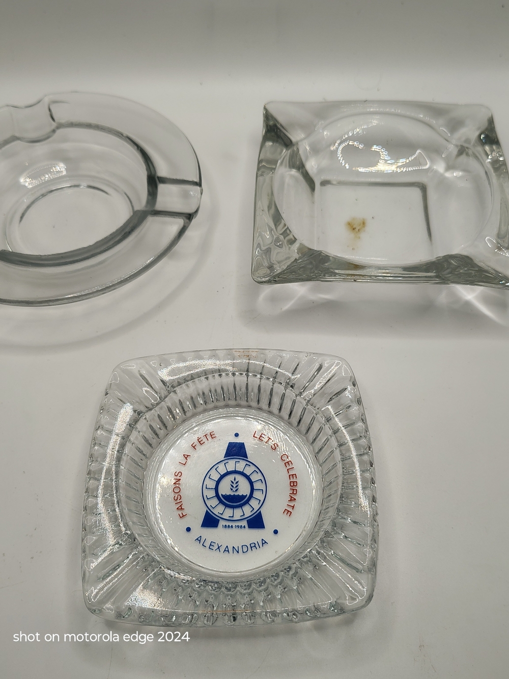 Vintage Glass Ashtray Set of 3 MCM Clear Round Square & 1984 Alexandria Canada